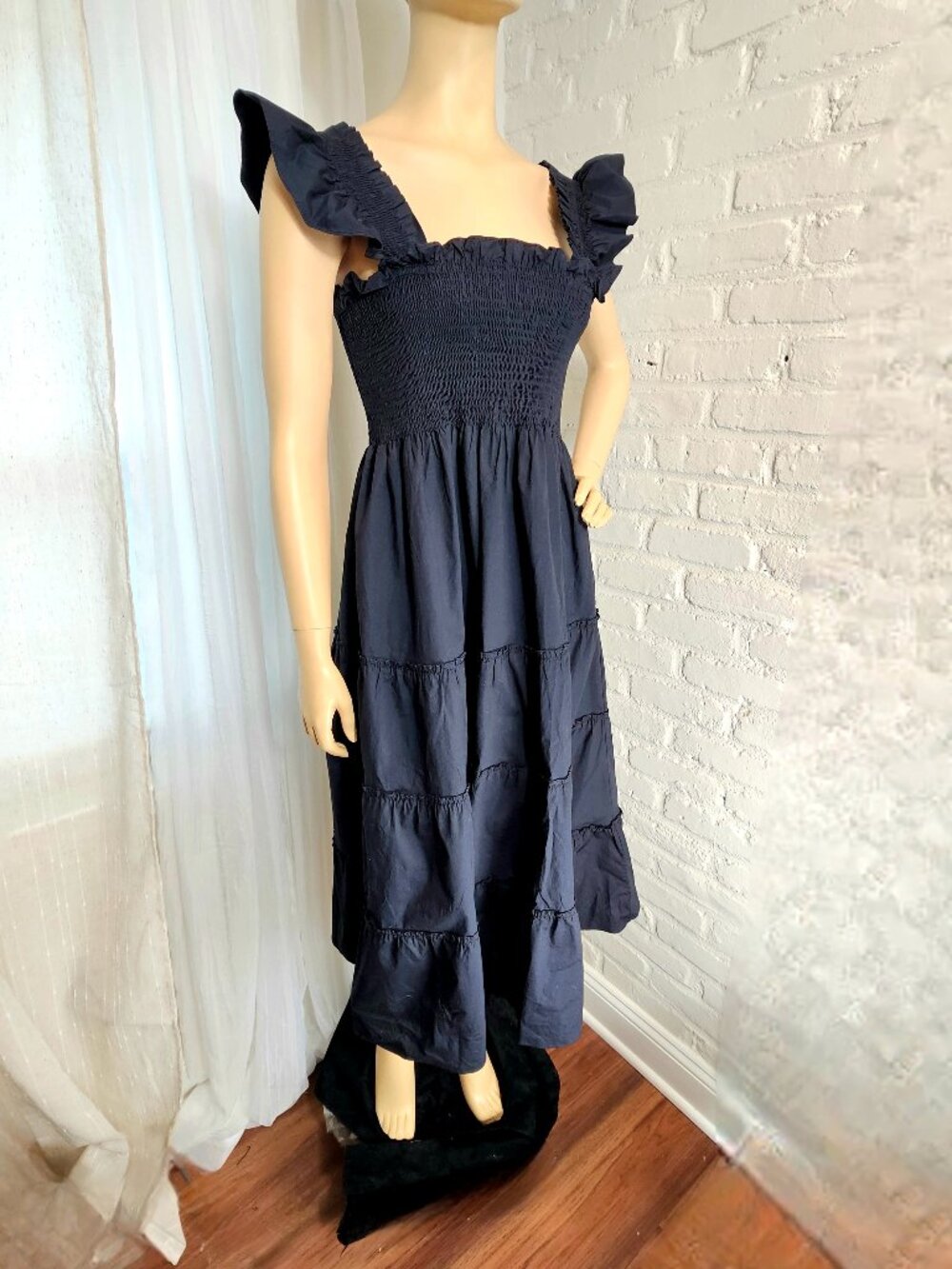 Hill House Home Ellie Nap Dress Black Size M Smocked Tiered Midi Ruffle Pockets - Picture 8 of 9